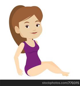 Young caucasian woman sunbathing in swimsuit. Happy woman sunbathing during summer trip. Smiling woman in swimsuit sitting and sunbathing. Vector flat design illustration isolated on white background.. Young happy woman in swimsuit sunbathing.