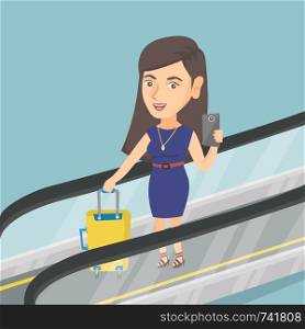 Young caucasian woman taking photo with a smartphone on escalator at airport. Business woman standing on escalator with suitcase and looking at smartphone. Vector cartoon illustration. Square layout.. Woman using smartphone on escalator at the airport