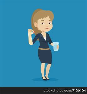 Young caucasian woman taking pills. Healthy woman holding pills and glass of water in hands. Happy smiling woman taking pills. Healthy lifestyle concept. Vector flat design illustration. Square layout. Young caucasian woman taking pills.