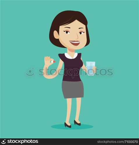 Young caucasian woman taking pills. Woman holding pills and glass of water in hands. Happy smiling woman taking vitamins. Healthy lifestyle concept. Vector flat design illustration. Square layout.. Young caucasian woman taking pills.