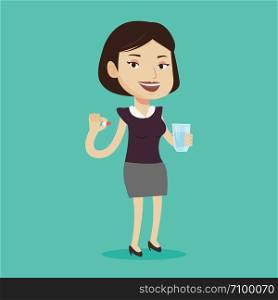 Young caucasian woman taking pills. Woman holding pills and glass of water in hands. Happy smiling woman taking vitamins. Healthy lifestyle concept. Vector flat design illustration. Square layout.. Young caucasian woman taking pills.