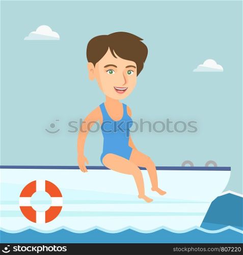 Young caucasian woman tanning on the front of the yacht. Happy woman travelling by yacht. Woman resting during summer trip on the yacht. Vector cartoon illustration. Square layout.. Young caucasian woman tanning on a sailboat.
