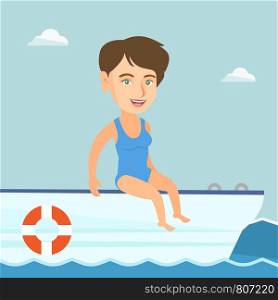 Young caucasian woman tanning on the front of the yacht. Happy woman travelling by yacht. Woman resting during summer trip on the yacht. Vector cartoon illustration. Square layout.. Young caucasian woman tanning on a sailboat.
