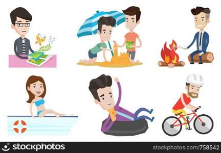 Young caucasian woman travelling by yacht. Happy female tourist tanning on yacht. Smiling woman sitting on the front of yacht. Set of vector flat design illustrations isolated on white background.. Vector set of traveling people.