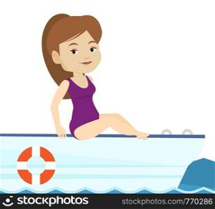 Young caucasian woman travelling by yacht. Happy woman tanning on yacht during summer trip. Smiling woman sitting on the front of yacht. Vector flat design illustration isolated on white background.. Young happy woman tanning on sailboat.
