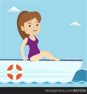 Young caucasian woman travelling by yacht. Happy woman tanning on yacht during summer trip. Smiling woman sitting on the front of yacht. Vector flat design illustration. Square layout.. Young happy woman tanning on sailboat.