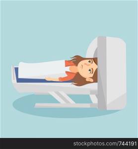 Young caucasian woman undergoes a magnetic resonance imaging scan test. Magnetic resonance imaging machine scanning a frightened patient. Vector cartoon illustration. Square layout.. Woman undergoes a magnetic resonance imaging scan.