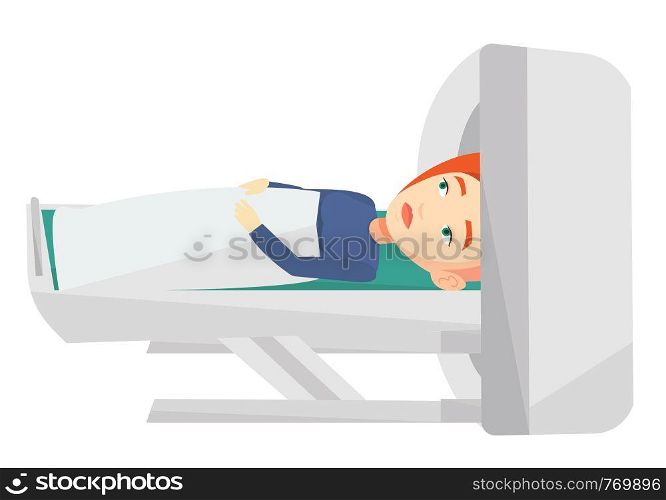 Young caucasian woman undergoes a magnetic resonance imaging scan test in hospital. Magnetic resonance imaging machine scanning patient. Vector flat design illustration isolated on white background.. Magnetic resonance imaging vector illustration.