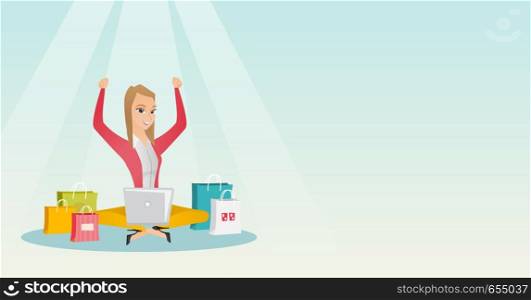 Young caucasian woman using a laptop for online shopping. Woman with arms up sitting among shopping bags. Cheerful woman buying purchases online. Vector flat design illustration. Horizontal layout.. Caucasian woman using a laptop for online shopping