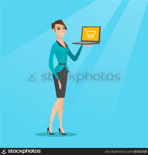 Young caucasian woman using a laptop for shopping online. Happy woman holding a laptop with a shopping trolley on screen. Woman doing online shopping. Vector flat design illustration. Square layout.. Woman holding laptop with trolley on a screen.