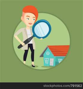 Young caucasian woman using a magnifying glass for looking for a new house. Woman with a magnifying glass checking a house. Vector flat design illustration in the circle isolated on background.. Woman looking for house vector illustration.