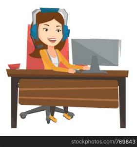Young caucasian woman using computer for playing games. Cheerful woman in headphones playing online games. Woman playing computer game. Vector flat design illustration isolated on white background.. Business woman with headset working at office.