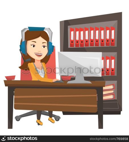 Young caucasian woman using computer for playing games. Cheerful woman in headphones playing online games. Woman playing computer game. Vector flat design illustration isolated on white background.. Business woman with headset working at office.