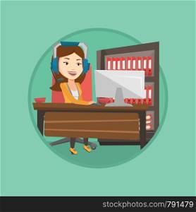 Young caucasian woman using computer for playing games. Woman in headphones playing online games. Woman playing computer game. Vector flat design illustration in the circle isolated on background.. Woman playing computer game vector illustration.