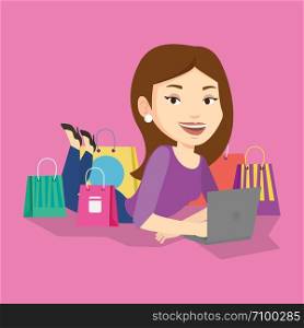 Young caucasian woman using laptop for online shopping. Smiling woman lying with laptop and making online shopping order. Woman doing online shopping. Vector flat design illustration. Square layout.. Woman shopping online vector illustration.