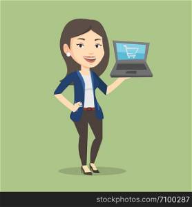 Young caucasian woman using laptop for online shopping. Female customer holding laptop with shopping trolley on a screen. Woman doing online shopping. Vector flat design illustration. Square layout.. Woman shopping online vector illustration.