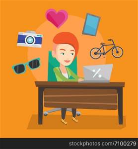 Young caucasian woman using laptop for online shopping. Happy woman doing online shopping. Woman buying in online shop. Girl buying on internet. Vector flat design illustration. Square layout.. Woman shopping online vector illustration.