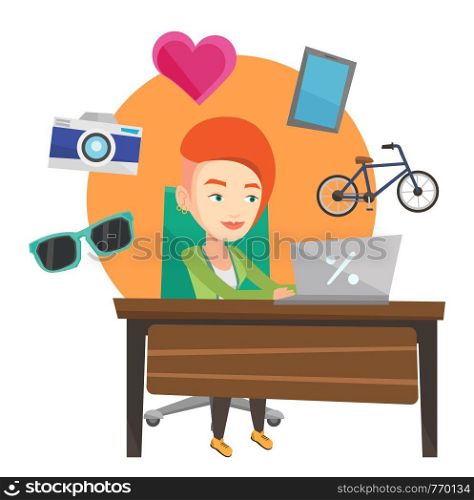Young caucasian woman using laptop for online shopping. Woman doing online shopping. Woman buying in online shop. Girl buying on internet. Vector flat design illustration isolated on white background.. Woman shopping online vector illustration.