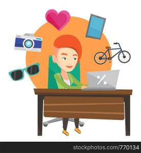 Young caucasian woman using laptop for online shopping. Woman doing online shopping. Woman buying in online shop. Girl buying on internet. Vector flat design illustration isolated on white background.. Woman shopping online vector illustration.