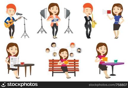 Young caucasian woman using tablet computer in a cafe. Woman surfing in the social network. Woman rewriting in social network. Set of vector flat design illustrations isolated on white background.. Vector set of media people characters.