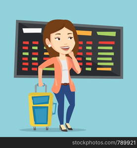 Young caucasian woman waiting for a flight at the airport. Passenger with suitcase standing at the airport on the background of departure board. Vector flat design illustration. Square layout.. Young woman waiting for flight at the airport.