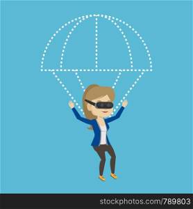 Young caucasian woman wearing virtual reality glasses and flying with parachute. Excited woman in vr headset having fun while flying in virtual reality. Vector flat design illustration. Square layout.. Happy woman in vr headset flying with parachute.