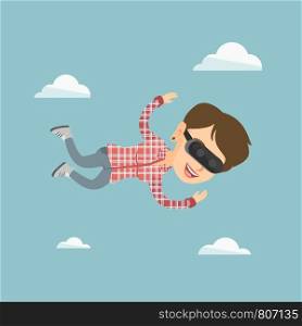 Young caucasian woman wearing virtual reality headset and flying in the sky. Woman in virtual reality device having fun while flying in virtual reality. Vector cartoon illustration. Square layout.. Caucasian woman in vr headset flying in the sky.