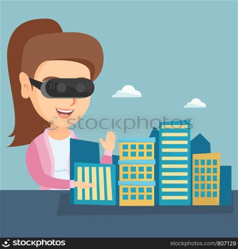 Young caucasian woman wearing virtual reality headset and getting into vr world. Woman developing project of city architecture using virtual reality glasses. Vector cartoon illustration. Square layout. Caucasian woman wearing virtual reality headset.