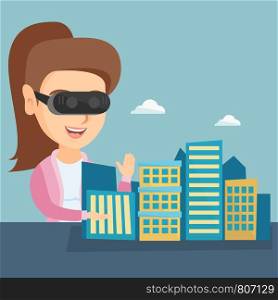 Young caucasian woman wearing virtual reality headset and getting into vr world. Woman developing project of city architecture using virtual reality glasses. Vector cartoon illustration. Square layout. Caucasian woman wearing virtual reality headset.