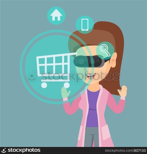 Young caucasian woman wearing virtual reality headset and looking at icon of shopping trolley. Concept of virtual reality, online shopping, e-commerce. Vector cartoon illustration. Square layout.. Woman in virtual reality headset shopping online.