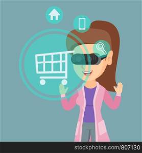 Young caucasian woman wearing virtual reality headset and looking at icon of shopping trolley. Concept of virtual reality, online shopping, e-commerce. Vector cartoon illustration. Square layout.. Woman in virtual reality headset shopping online.