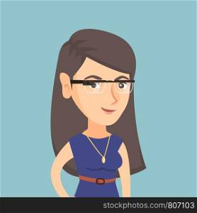 Young caucasian woman wearing wearable computer with an optical head-mounted display. Smiling woman wearing smart glasses. Vector cartoon illustration. Square layout.. Young caucasian woman wearing smart glasses.