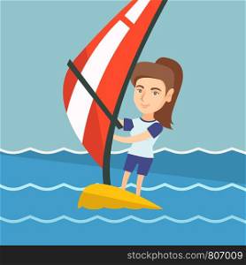 Young caucasian woman windsurfing in the sea. Woman standing on the board with a sail for windsurfing. Windsurfer training on water. Vector cartoon illustration. Square layout.. Young caucasian woman windsurfing in the sea.