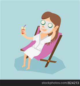 Young caucasian woman with face mask lying in chaise lounge and drinking cocktail. Happy woman relaxing in beauty salon. Woman getting beauty treatments. VVector cartoon illustration. Square layout.. Young woman getting beauty treatments in a salon.
