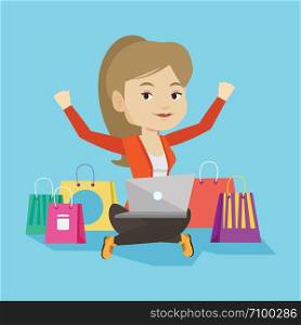 Young caucasian woman with hands up using laptop for shopping online. Happy customer sitting with shopping bags around her. Woman doing online shopping. Vector flat design illustration. Square layout.. Woman shopping online vector illustration.