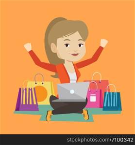 Young caucasian woman with hands up using laptop for shopping online. Happy customer sitting with shopping bags around her. Woman doing online shopping. Vector flat design illustration. Square layout.. Woman shopping online vector illustration.