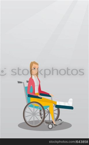 Young caucasian woman with leg in plaster. Injured upset woman sitting in a wheelchair with broken leg. Woman with fractured leg suffering from pain. Vector flat design illustration. Vertical layout.. Woman with broken leg sitting in a wheelchair.