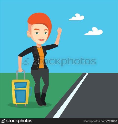 Young caucasian woman with suitcase hitchhiking on roadside. Hitchhiking woman trying to stop a car on a highway. Woman catching taxi car by waving hand. Vector flat design illustration. Square layout. Young woman hitchhiking vector illustration.