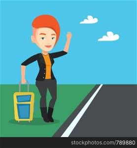 Young caucasian woman with suitcase hitchhiking on roadside. Hitchhiking woman trying to stop a car on a highway. Woman catching taxi car by waving hand. Vector flat design illustration. Square layout. Young woman hitchhiking vector illustration.