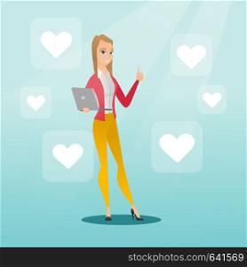 Young caucasian woman with thumb up standing around buttons of social media in the shape of heart. Cheerful woman using laptop with heart icons. Vector flat design illustration. Square layout.. Woman with laptop and heart icons.