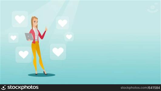 Young caucasian woman with thumb up standing around buttons of social media in the shape of heart. Cheerful woman using laptop with heart icons. Vector flat design illustration. Horizontal layout.. Woman with laptop and heart icons.