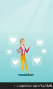 Young caucasian woman with thumb up standing around buttons of social media in the shape of heart. Cheerful woman using laptop with heart icons. Vector flat design illustration. Vertical layout.. Woman with laptop and heart icons.