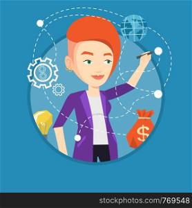 Young caucasian woman writing on a virtual screen. Cheerful businesswoman drawing a cloud computing diagram on a virtual screen. Vector flat design illustration in the circle isolated on background.. Woman writing cloud computing on virtual screen.