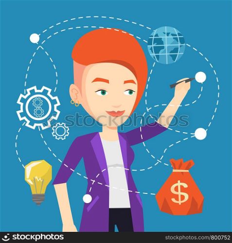 Young caucasian woman writing on a virtual screen. Cheerful businesswoman drawing a cloud computing diagram on a virtual screen. Cloud computing concept. Vector flat design illustration. Square layout. Woman writing cloud computing on virtual screen.