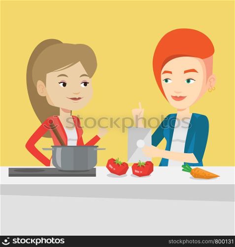 Young caucasian women following recipe for healthy vegetable meal on digital tablet. Women cooking healthy meal. Women having fun cooking together. Vector flat design illustration. Square layout.. Women cooking healthy vegetable meal.