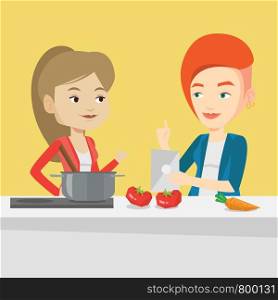 Young caucasian women following recipe for healthy vegetable meal on digital tablet. Women cooking healthy meal. Women having fun cooking together. Vector flat design illustration. Square layout.. Women cooking healthy vegetable meal.