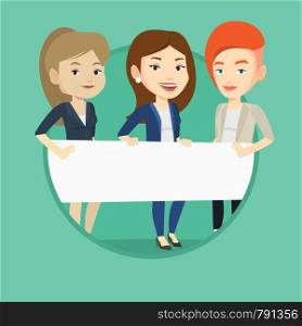 Young caucasian women holding white blank board. Group of students holding an empty board. Group of friends showing white board. Vector flat design illustration in the circle isolated on background.. Group of young women holding white blank board.