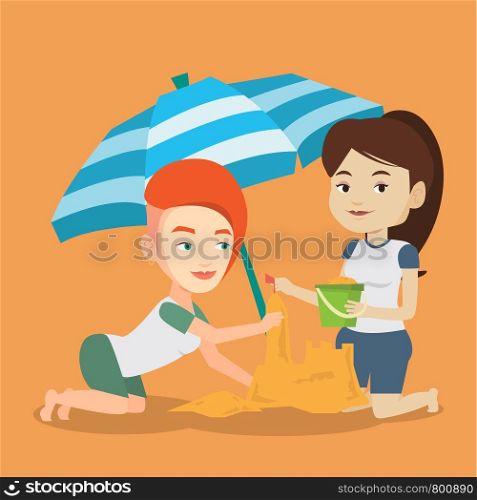 Young caucasian women making sand castle on the beach under beach umbrella. Smiling friends building sand castle. Tourism and beach holiday concept. Vector flat design illustration. Square layout.. Friends building sandcastle on beach.