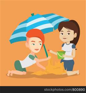 Young caucasian women making sand castle on the beach under beach umbrella. Smiling friends building sand castle. Tourism and beach holiday concept. Vector flat design illustration. Square layout.. Friends building sandcastle on beach.