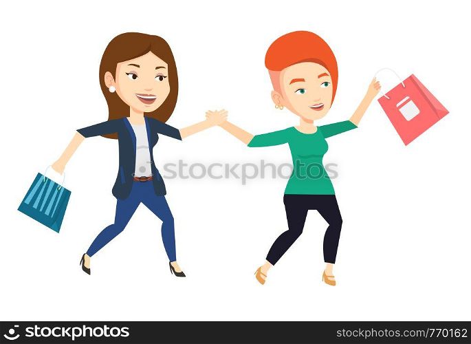 Young caucasian women rushing on sale and promotion. People rushing on sale to the shop. Two women running in a hurry to the store on sale. Vector flat design illustration isolated on white background. People running in hurry to the store on sale.